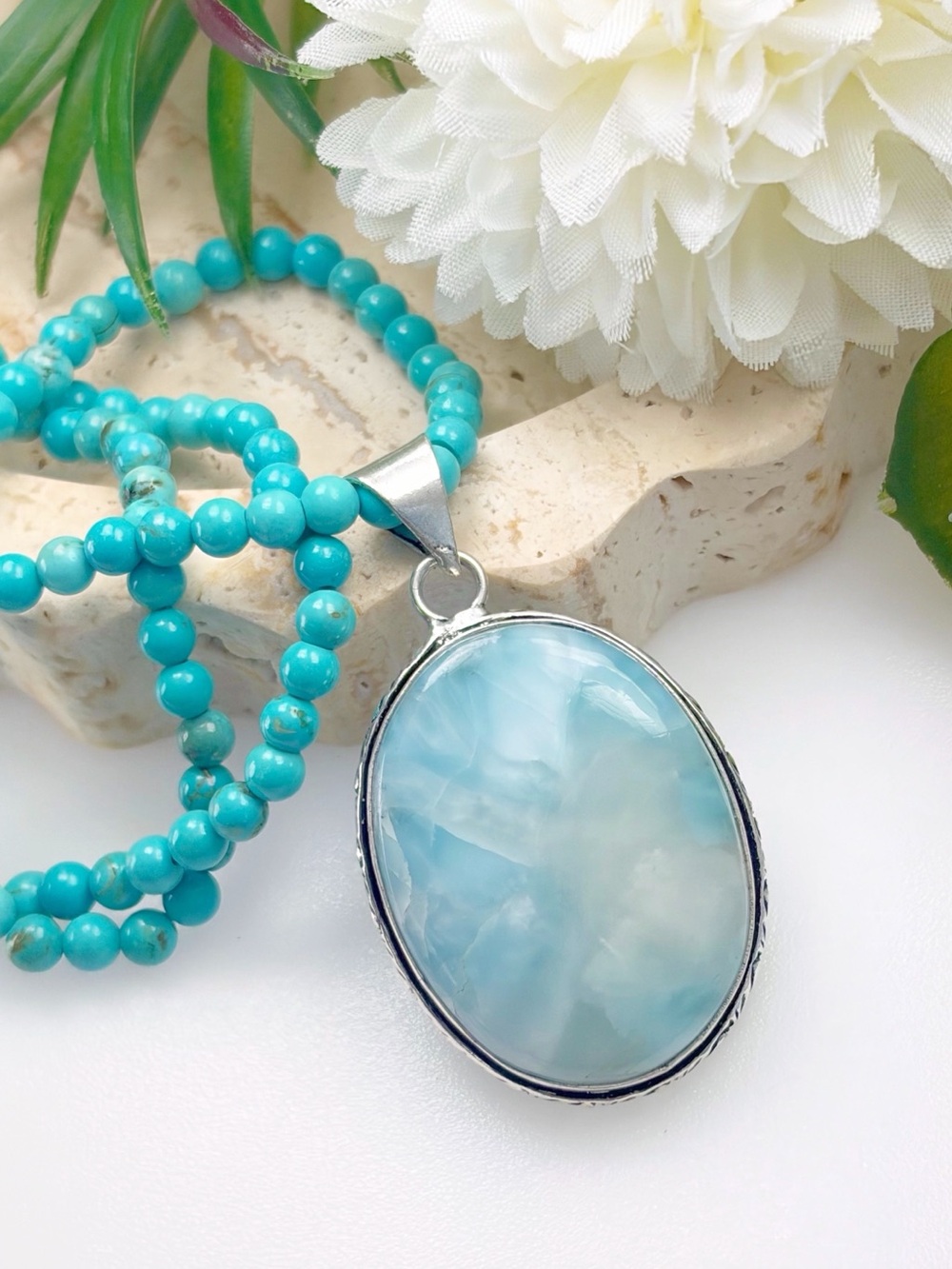 Chunky Larimar Pendant Oval Turquoise Necklace Sterling Silver 925 Overlay New
